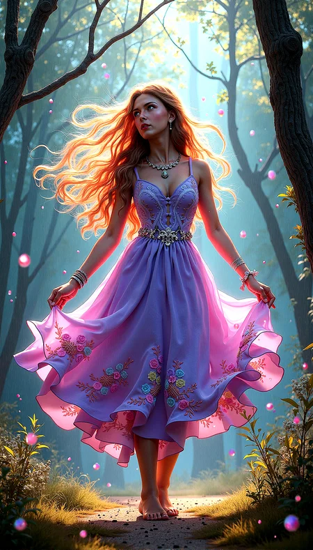 
Extreme realism in a complex, highly detailed composition featuring a beautiful young lady with perfect face and perfect skin, moist and wet skin with flowing rainbow-colored hair, wavy hair, large multicolored eyes, ample bosom, slim waist, . The rainbow glowing background, with its vibrant colors, exaggerated details, intricate textures, and dynamic lighting, creates a whimsical, dreamy atmosphere in photorealistic quality. She is wearing Lavender tea-length dress with embroidered floral patternn, simple glittering necklace, intricate bangle, intricate bracelet, intricate armlet, 


Small, glowing particles floating in the air, adding a magical and ethereal quality to the scene.Clouds with an iridescent sheen, reflecting multiple colors and adding a whimsical touch to the sky.Tree branches that emit a soft light, adding a mystical and natural element to the background.Veils of light that glimmer softly, adding a touch of magic and softness to the scene.Raindrops that glow subtly, adding texture and a soft, rainy atmosphere to the scene.

Standing with her arms outstretched, twirling slightly as the wind catches her dress








