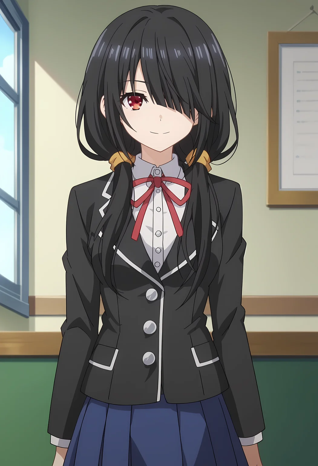 score_9, score_8_up, score_7_up, source_anime, 2d, Kurumi Tokisaki, 1girl, black hair, low twintails, red eye, covered eye, medium breasts, yellow hairband, school uniform, white dress, red ribbon, blue skirt, black jacket, anime coloring, anime screencap, detailed eyes, zPDXL, perfect faces, uncensored, rating_explicit, <lora:kurumi_tokisaki_0-000035:0.8>, looking at viewer, smile,