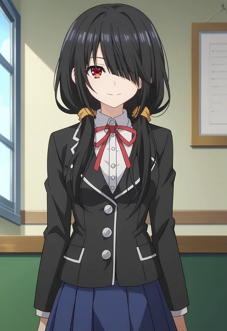 score_9, score_8_up, score_7_up, source_anime, 2d, Kurumi Tokisaki, 1girl, black hair, low twintails, red eye, covered eye, medium breasts, yellow hairband, school uniform, white dress, red ribbon, blue skirt, black jacket, anime coloring, anime screencap, detailed eyes, zPDXL, perfect faces, uncensored, rating_explicit, <lora:kurumi_tokisaki_0-000035:0.8>, looking at viewer, smile,