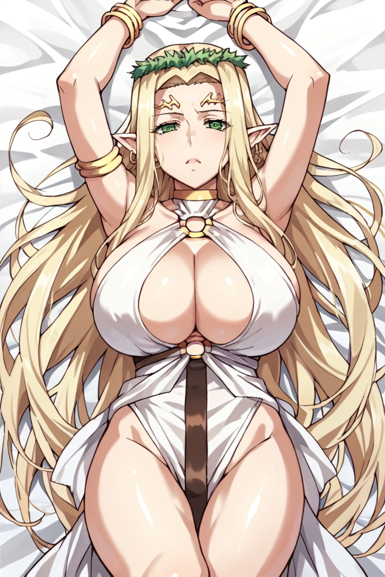 score_9, score_8_up, score_7_up, source_anime,celestine lucullus, 1girl, breasts, blonde hair, solo, long hair, pointy ears, elf, green eyes, very long hair, huge breasts, jewelry, arms up, lying, on back, , looking at viewer, cleavage, bracelet