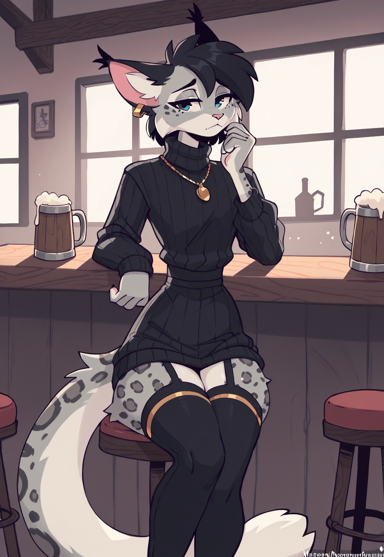 score_9, score_8_up, score_7_up, score_6_up, whygena, solo, slender, khajiit, snow leopard fur, femboy, lynx ears, black ears, fluffy eartips, long thick tail, short black hair, blue eyes, pink nose,
BREAK
black outfit, oversized turtleneck sweater, tied at waist, strapped thigh-highs, gold ear piercings, gold pendant,
BREAK
sitting, tavern, tired,