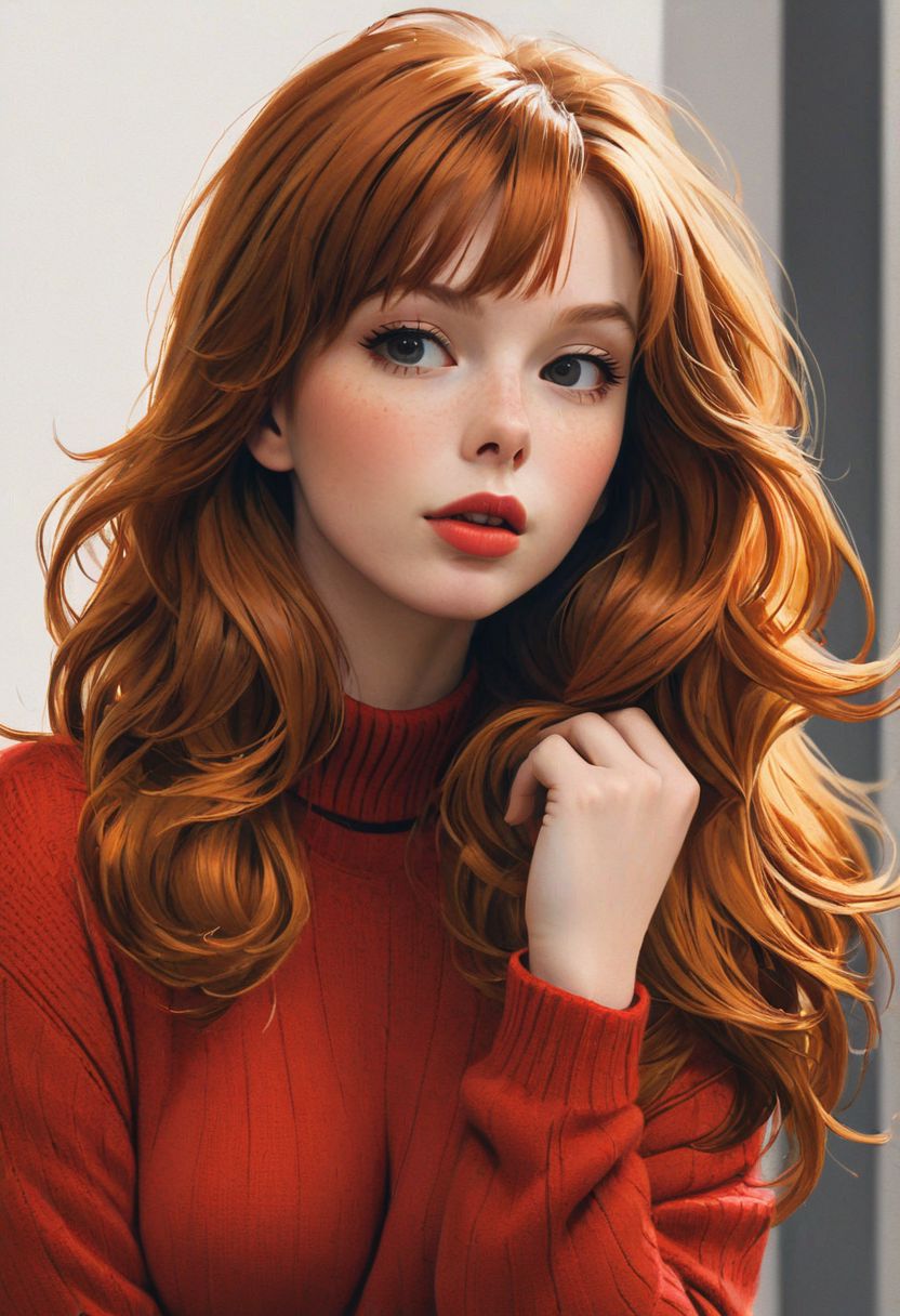 (1girl, solo, masterpiece, 8k, HDR,), ginger girl, 
character concept art of a beautiful woman leaning over, red sweater falling off her shoulder, cleavage, extremely sexy, seductive, long hair, luscious lips, comic book art, rough colored sketch, 
(small breasts, big hips, looking at the viewer),
(simple background, white background)