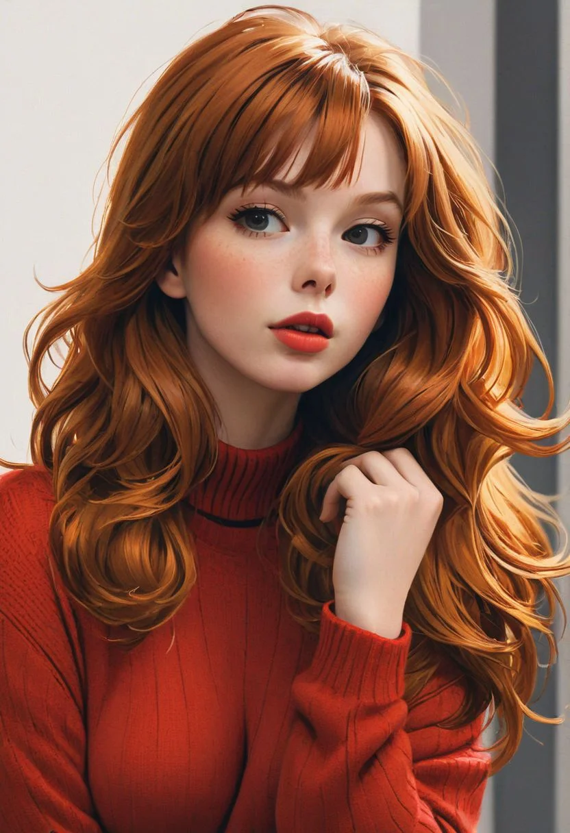 (1girl, solo, masterpiece, 8k, HDR,), ginger girl,
character concept art of a beautiful woman leaning over, red sweater falling off her shoulder, cleavage, extremely sexy, seductive, long hair, luscious lips, comic book art, rough colored sketch,
(small breasts, big hips, looking at the viewer),
(simple background, white background)