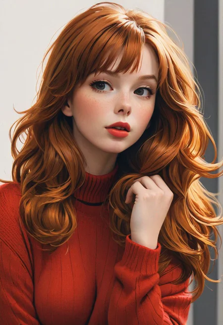 (1girl, solo, masterpiece, 8k, HDR,), ginger girl,
character concept art of a beautiful woman leaning over, red sweater falling off her shoulder, cleavage, extremely sexy, seductive, long hair, luscious lips, comic book art, rough colored sketch,
(small breasts, big hips, looking at the viewer),
(simple background, white background)