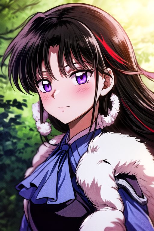 masterpiece,  best quality 1girl Setsun4 solo long hair,  (night time) forest background black hair very long hair purple eyes multicolored hair armor (fur trim) (medium body),<lora:EMS-179-EMS:0.800000>,<lora:EMS-293862-EMS:0.800000> bow, hair_bow, hair_tubes, red_bow, brown_hair, long_hair, bangs, ascot, frilled_bow, yellow_ascot, blush, smile, hair_between_eyes, athletic, armor, miko