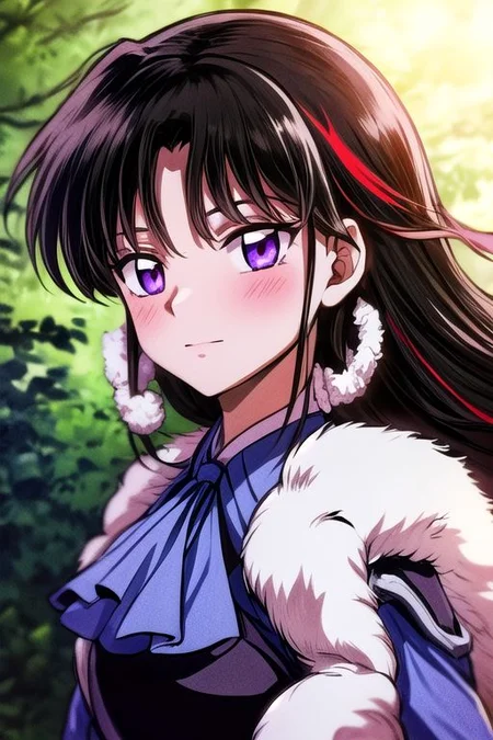 masterpiece,  best quality 1girl Setsun4 solo long hair,  (night time) forest background black hair very long hair purple eyes multicolored hair armor (fur trim) (medium body),<lora:EMS-179-EMS:0.800000>,<lora:EMS-293862-EMS:0.800000> bow, hair_bow, hair_tubes, red_bow, brown_hair, long_hair, bangs, ascot, frilled_bow, yellow_ascot, blush, smile, hair_between_eyes, athletic, armor, miko