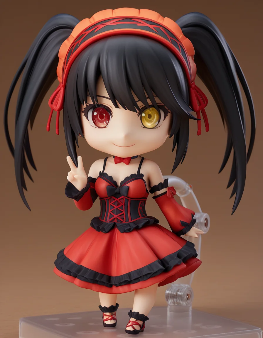 score_9, score_8_up, score_7_up, source_anime, kurumitokisaki, <lora:kurumi-tokisaki-ponyxl-lora-nochekaiser:0.5>, kurumi tokisaki astral dress, long hair, black hair, red eyes, twintails, yellow eyes, hairband, heterochromia, smile, dress, red dress, bare shoulders, collarbone, choker, bowtie, red bowtie, detached sleeves, corset, frills, spaghetti strap, medium breasts,
<lora:nendoroid-figurines-ponyxl-lora-nochekaiser:1>, nendoroid, 1girl, solo, chibi, 3d, smile, v, v over eye,