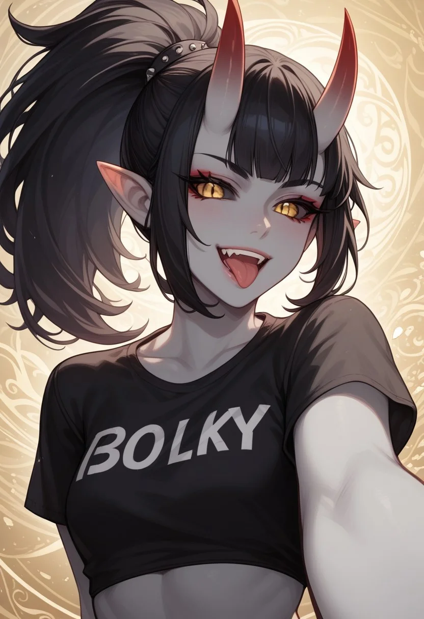 score_9, score_8_up, score_7_up, score_6_up, rating_questionable, 1girl, Polly, PollyRH, oni horns, pointy ears, colored sclera, third eye, black sclera, slit pupils, grey skin, long black hair, ponytail, gold eyes, HD32k, dynamic pose, aesthetic, perspective, solo, detailed, sensual look, pinup pose, abstract background, detailed background, black-red tint, sensual look, pinup pose, upper body, wearing cropped black t-shirt, denim shorts, goth attire, punk attire, smiling, open mouth, tongue out, pointy teeth