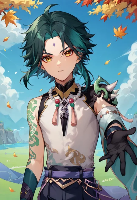 score_9, score_8_up, score_7_up, source_anime, highly detailed,
xiao, 1boy, male focus, solo, green hair, black hair, two-tone hair, ahoge, yellow eyes, facial mark, forehead mark, bangs, shirt, white shirt, sleeveless, single detached sleeve, shoulder armor, shoulder spiked, spiked, tattoo, arm tattoo, jewelry, beads, necklace, bead necklace, tassel, gloves, black gloves, pants,
outdoor, oriental, wind, spell wind spell, loking at viewer, determined, leaves, outstretched arm, at viewer,