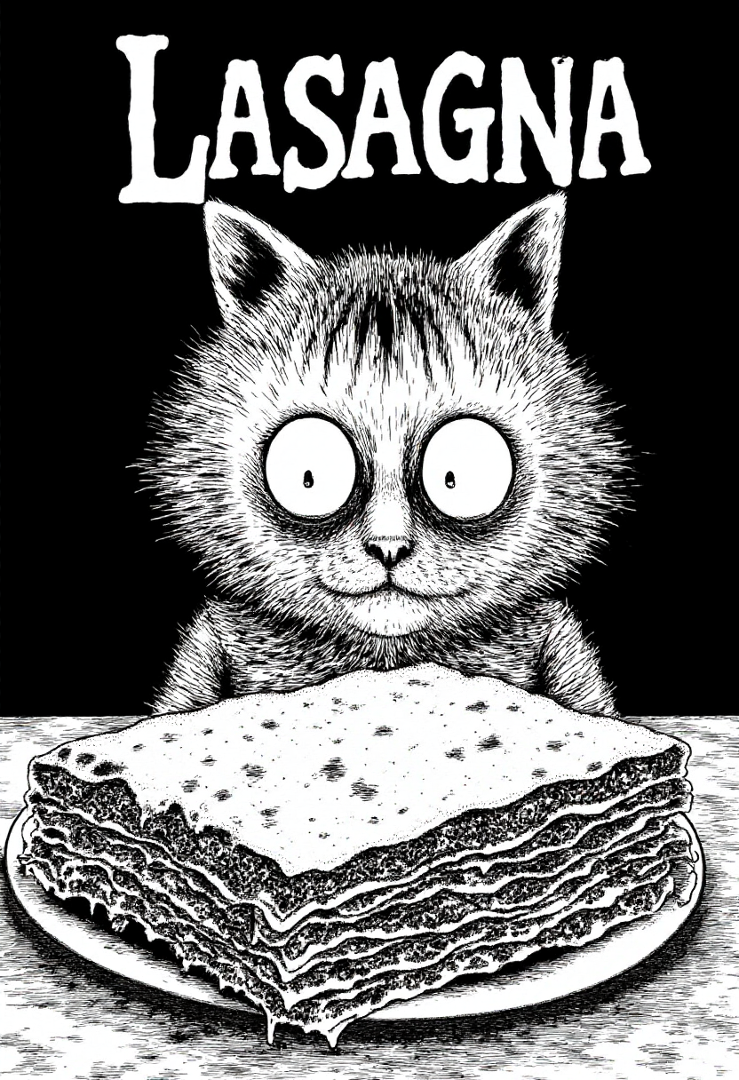 Evil scary Garfield the cat staring at lasagna with the text "LASAGNA" in monochrome jitostyle.    <lora:Junji_Ito_Style_F1D:1.3>