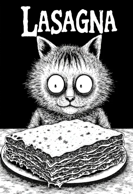 Evil scary Garfield the cat staring at lasagna with the text "LASAGNA" in monochrome jitostyle. <lora:Junji_Ito_Style_F1D:1.3>