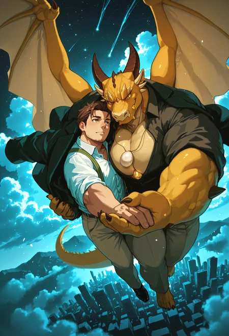 k0k0b001ll, 3ch1n, 0ld5h3p, 2boy, duo, male, male focus, bara, ((masculine)), OphionTas, Wings, ((Broken Tusk)), Dragon, dark yellow scales, yellow eyes, muscular, broad shoulders, thick thighs, huge pecs, barefoot, long tail, egg necklace, gem on chest, open black shirt, jacket, suspenders, long pants, beige pants, unbuttoned, bulge,
BREAK
Human, Housamo protagonist, mature, short brown hair, (stubble), muscular, large pecs, white button up shirt, long grey pants, black formal shoes,
BREAK
floating, floating on clouds, floating above the ground, facing each other, foreheads touching, resting on each others heads, hand in hand, hugging, embracing,
dark shadows, in the sky, ruined city, destroyed city, ruins, destruction, dust, dust particles, view from above,
contrast, close up view, dramatic angle, creative angle, ((front facing view)),
masterpiece, best quality, absurdres, very aesthetic