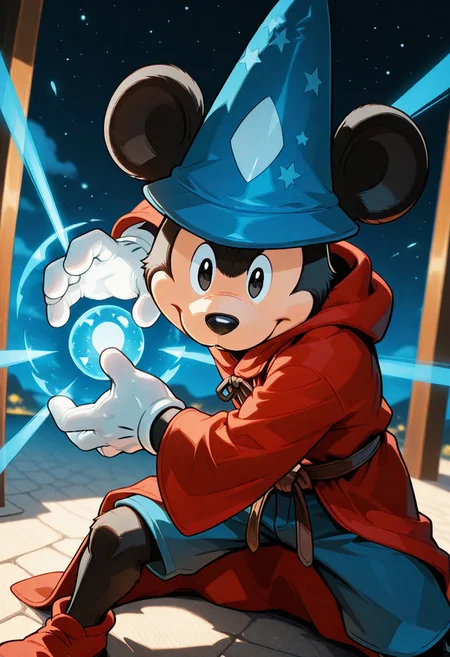 [#furry🐁;�﷿‍♂️]side_light,4k,(masterpiece:1.4),(best quality:1.4),(high resolution:1.4),Ultra HD, HDR,(hyperdetailed),smooth lighting,source_anime,very aesthetic,intricate details,intense,highres,vibrant colors,detailed_shadows,detailed_reflections,high-quality textures,depth of field,good shading,studio quality,epic lighting,digital illustration,path_tracing,rtx_on_styled_lighting_and_reflections,<lora:add-detail-xl:1>,looking at viewer,unblurred,perfect composition,intricate details,incredibly absurdres,dynamic angle 
[ONLY1boy,symmetry,show accurate proportions,#furry,male🐁,anthro_mouse,sorcerer-mickey,Mickey Mouse,Fantasia,\(Disney©\),🐭,"detailed animal nose,black all body fur,black nose and has a pair of black legs too,black arms,mouse ears,big ears","detailed eyes,perfect eyes,black eyes",soul,emotions,lifeful,"detailed white gloves,⚪,white gloves,mickey gloves,perfect hands,perfect detailed fingers","light brown Sienna medieval-style shoes,👞",brown rope used as a belt to hold up his maroon wizard-like robe",blue shorts,"detailed maroon wizard's robe,long robe,long sleeves","blue sorcerer's hat,light blue sorcerer hat with moons and stars on it,✨,🌙",action pose,fighting stance,leaning forward,looking at viewer,dynamic pose,reaching towards viewer,cowboy shot,kamehameha,blue energy ball,🌠,🌌,🌟,<lora:kamehameha [IL]:0.7>,aura,oudoors,detailed background,night,🌊,⛰️,dutch angle,<lora:Himehajime IL:1.0>,Himehajime,screenshot]