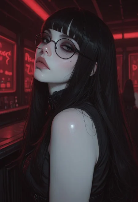 masterpiece, best quality, hd resolution, perfect face, artist:moriimee, solo, 1girl, solo, black hair, hair bangs, long hair, pale skin, mole under eye, lips, black eyes, black sleeveless dress, glasses, nightclub, red lights, goth girl, looking at viewer