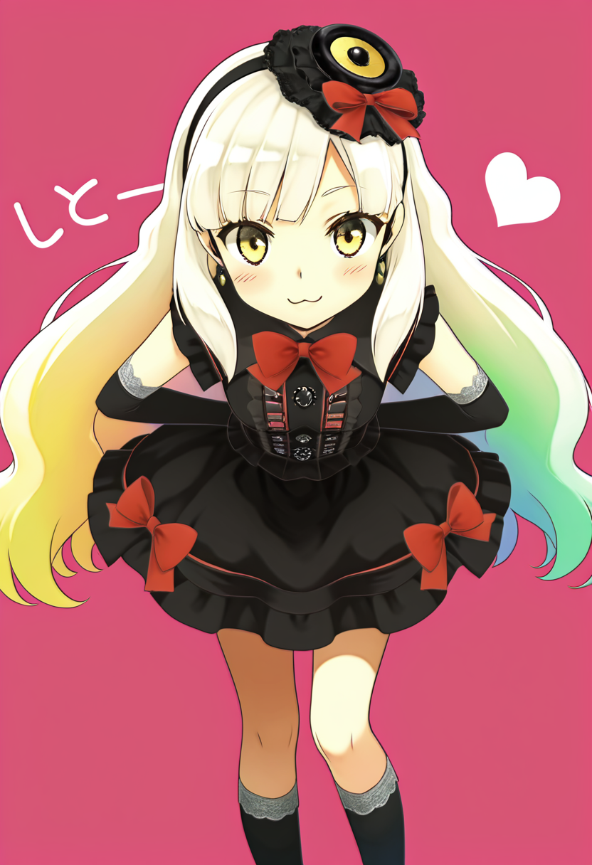 masterpiece, best quality, 1girl, solo,  zzMayu, yellow eyes, blonde hair, gradient hair, green hair, hair ornament, long hair, multicolored hair, rainbow hair, white hair,   dress, bow, hat, elbow gloves, kneehighs, lfashion, gothic,   smile, :3, leaning forward, portrait, close up, foreshortening,  narrow waist, cute background,  , <lora:MAYULoveLogic_IXL:1.0>,