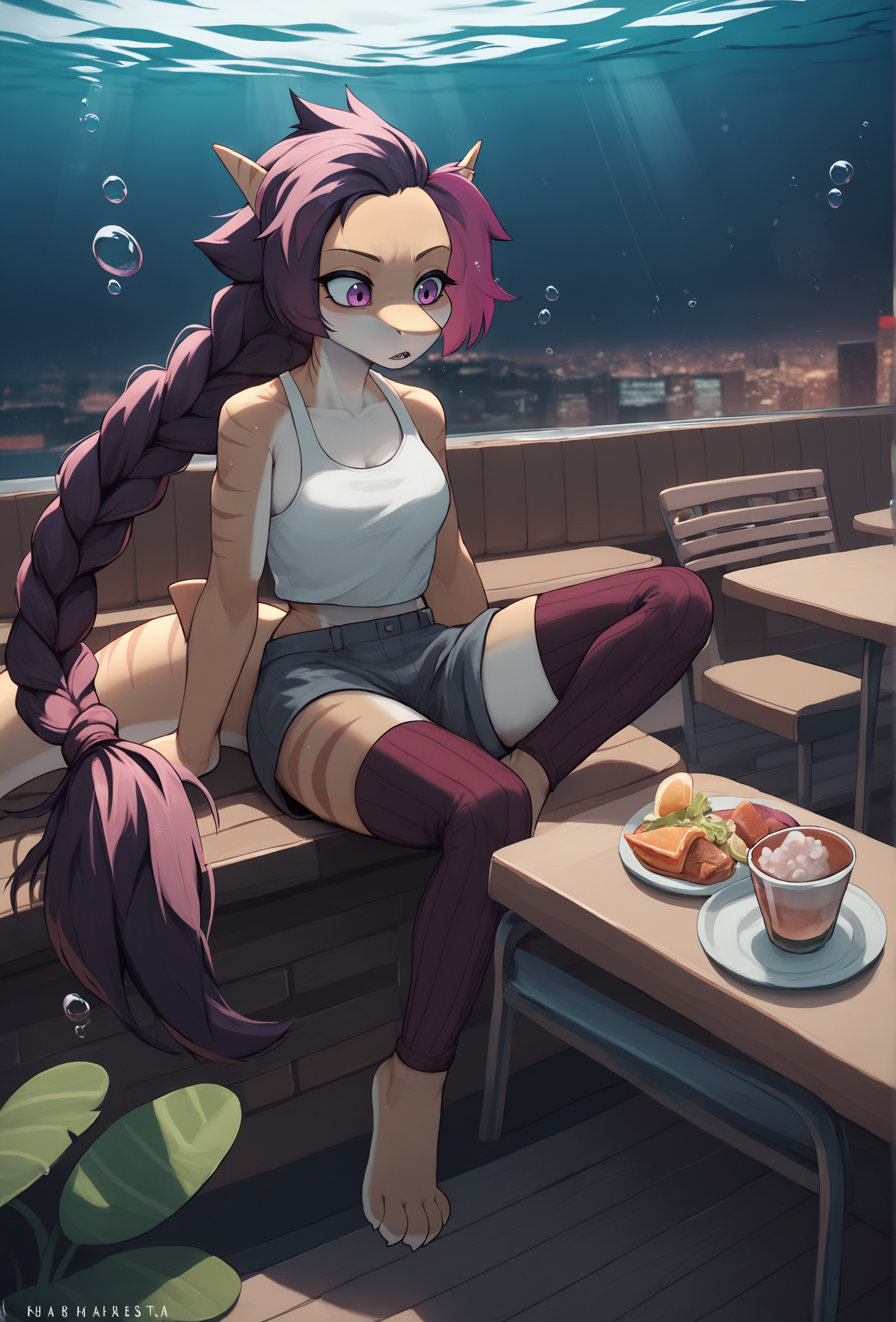 score_9, score_8_up, score_7_up, score_6_up, score_5_up, score_4_up,  <lora:k-rha_style_ponyXL_v2:1.0> krhastyle, outdoors, dark brown background, english text, underwater city, underwater, caustics, cafe, restaurant, air bubble
1girl, solo, furry, shark, dark magenta hair, very long hair, multiple braids, asymmetrical bangs, sidelocks tied back, tank top, ribbed thighhighs, barefoot, chestnut mouth