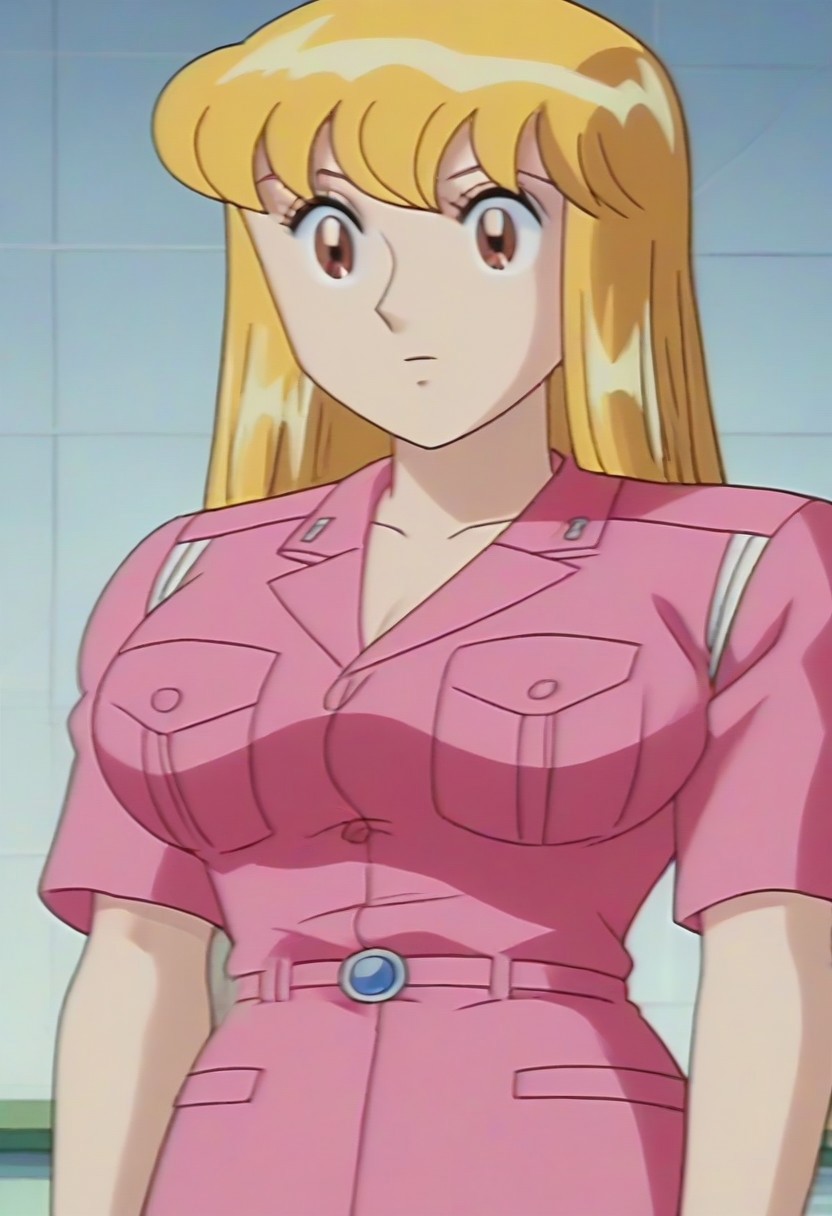 masterpiece, best quality, , anime screencap, anime coloring, official style,uncensored,1girl, solo, (kochikame, akimoto reiko, huge breasts, blonde hair, pink suit),