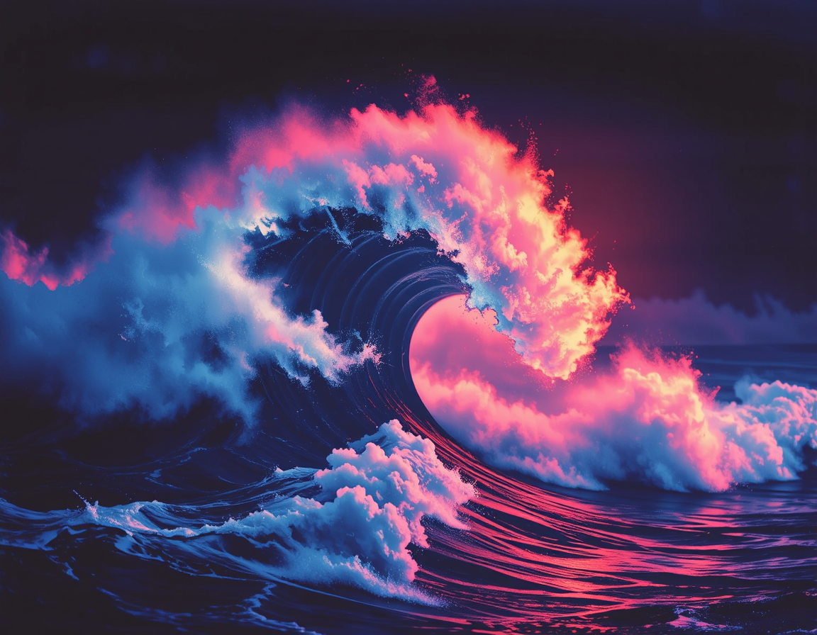 The wave clouds are depicted in a vibrant, flowing motion with sharp, dynamic edges under a retro neon glow. The colors shift between bright pinks, blues, and yellows, creating a sense of movement against a dark background reminiscent of vintage film.