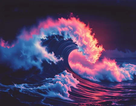 The wave clouds are depicted in a vibrant, flowing motion with sharp, dynamic edges under a retro neon glow. The colors shift between bright pinks, blues, and yellows, creating a sense of movement against a dark background reminiscent of vintage film.