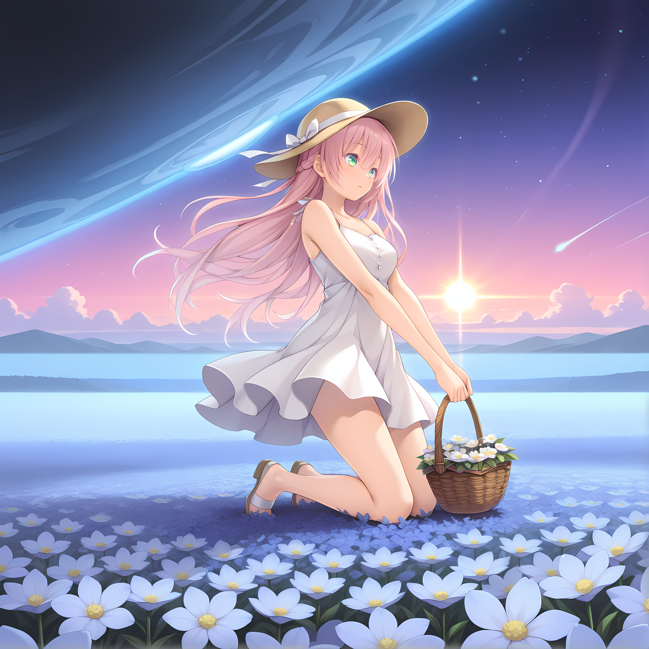 <lora:Terese_Elminaãã¬ãµã¨ã«ããã¢_-_Escude_-_Hime_to_Aiyoku_no_Sacrifice:0.8>,solo,terese,pink hair,long hair,bangs,hair between eyes,green eyes,hair blown back,kneeling,outdoors,flower field,sunrise,dappled sunlight,starry sky,planet,galaxy,horizon,high fantasy,full body,picking flowers,flower basket,sundress,sun hat,floating hair,blazing sun,surreal,psychedelic,intrigue,summer,foggy,steam,, masterpiece,best quality,amazing quality, very aesthetic, absurdres,detailed eyes,ultra-detailed,