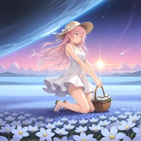<lora:Terese_Elminaãã¬ãµã¨ã«ããã¢_-_Escude_-_Hime_to_Aiyoku_no_Sacrifice:0.8>,solo,terese,pink hair,long hair,bangs,hair between eyes,green eyes,hair blown back,kneeling,outdoors,flower field,sunrise,dappled sunlight,starry sky,planet,galaxy,horizon,high fantasy,full body,picking flowers,flower basket,sundress,sun hat,floating hair,blazing sun,surreal,psychedelic,intrigue,summer,foggy,steam,, masterpiece,best quality,amazing quality, very aesthetic, absurdres,detailed eyes,ultra-detailed,