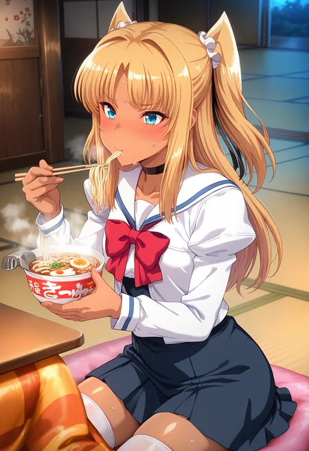best quality, masterpiece, anime_screencap, hi res, best_quality, very aesthetic, absurdres, 8k, tlwy, 1girl, solo,
hair ribbon, two side up,
glamorous, slender, voluptuous,
dark-skinned female, tan,
small breasts,, choker, red bow, school uniform, skirt, thighhighs,
sitting,
food in mouth, eating, table, holding bowl, steam, holding chopsticks, sweat, blush, kamaboko, aburaage,
maruchan akai kitsune udon, fantasy, beautiful lighting, ray traced, indoors, japanese room, tatami, fusuma, kotatsu