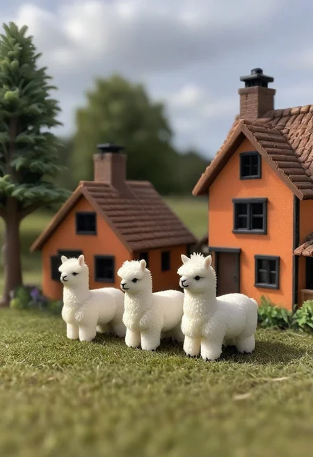 three fluffy miniature alpacas in 3d printed house, the alpacas are differently colored and differently sized, CreepyCuteMagical