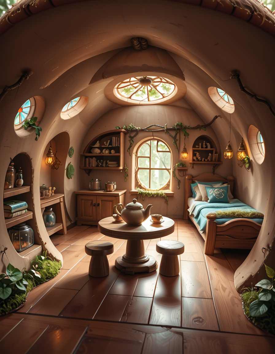 score_9, score_8_up, score_7_up,amazing quality, ultra realistic, 3D, HD, best quality, amazing quality, very aesthetic, absurdres
A highly detailed, realistic photograph of a tiny gnome house nestled at the base of an ancient oak tree, taken in soft morning light with a gentle mist hanging in the air. The house is crafted from natural materials: smooth stones form the lower walls, and curved wooden planks create a round, thatched roof with patches of moss and small wildflowers growing on top. Tiny circular windows with stained glass panels glow faintly from within, casting warm amber and green hues. A miniature wooden door with intricate carvings sits slightly ajar, surrounded by tiny lanterns that hang from delicate hooks, each softly glowing. Around the house, the forest floor is covered in dew-kissed clover, mushrooms of varying sizes and colors, and winding little cobblestone paths. In the background, tall ferns and oversized leaves tower, giving the scene an enchanted, hidden feel. Subtle rays of sunlight break through the canopy above, highlighting fine details with a dreamy, ethereal atmosphere. Hyper-realistic style, high-resolution, rich earthy tones, with an overall cozy and magical woodland vibe. No creatures or people, only nature and the charming architecture of the gnome's home.
<lora:SDXLFaeTastic2400:0.4> <lora:extremely_detailed:0.4> extremely detailed,tiny gnome h0us3 <lora:tiny_gnome_h0us3-p:1>