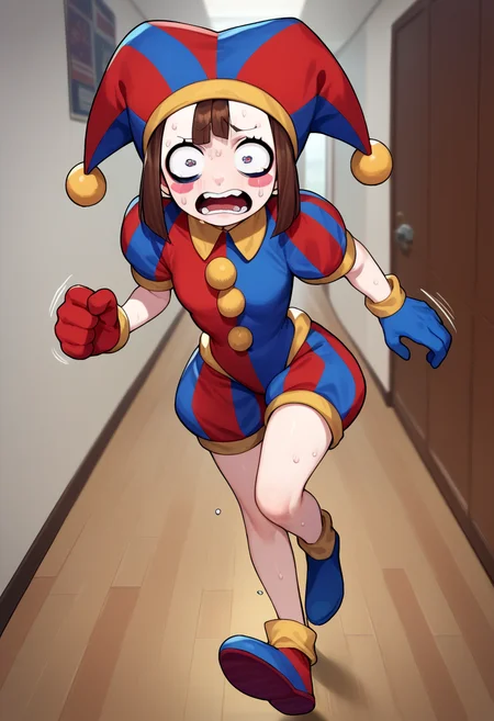 score_9, score_8_up, score_7_up, source_anime, solo, 1girl, pomni, colored skin, blush stickers, sweat, scared, screaming, running, jester cap, striped clothes, puffy short sleeves, mismatched gloves, puffy shorts, hallway, motion lines <lora:digitalcircus_pomni_ponyXL:1>