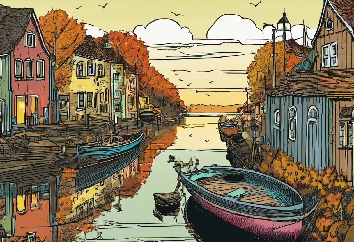 comic, boat, pastel, german, autumn, techno punk, ancient, boats in a harbor