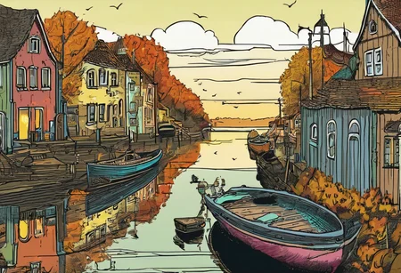 comic, boat, pastel, german, autumn, techno punk, ancient, boats in a harbor