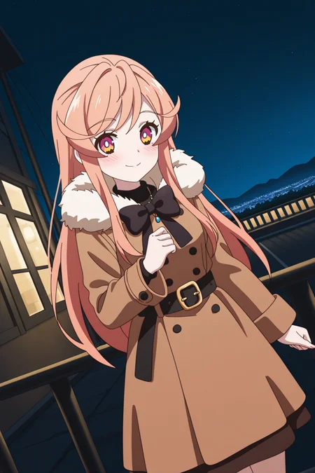 <lora:AcroTrip:1>, AcroTrip, 1girl, solo, coat, looking at viewer, smile, fur trim, brown coat, necklace, blush, bow, black bow, outdoors, long sleeves, dutch angle, night, skirt, fur-trimmed coat, belt