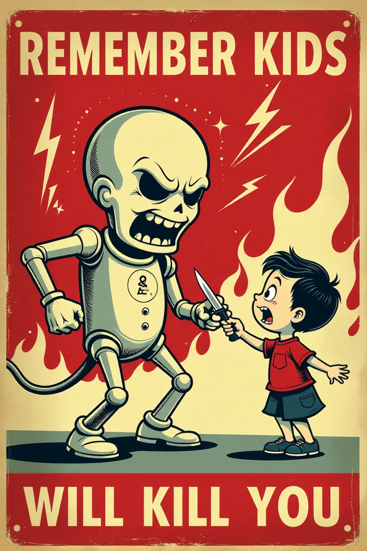 Generate an image in the style of a vintage 1950s public service announcement or propaganda poster. The image should be a warning sign with a dark humor theme. Depict a menacing, personified electricity bolt character holding a knife and pointed at a terrified cartoon child. Include the text "REMEMBER KIDS" and "ELECTRICITY WILL KILL YOU".  Use a bold, vintage font, a red, white, and black color scheme, lightning bolt symbols and a grainy texture. Keywords: vintage cartoon, propaganda poster, 1950s, public service announcement, warning, electricity, danger, funny, dark humor, retro  <lora:REMEs_War_Poster_Style:0.9> In REME's War Poster Style,âââ
