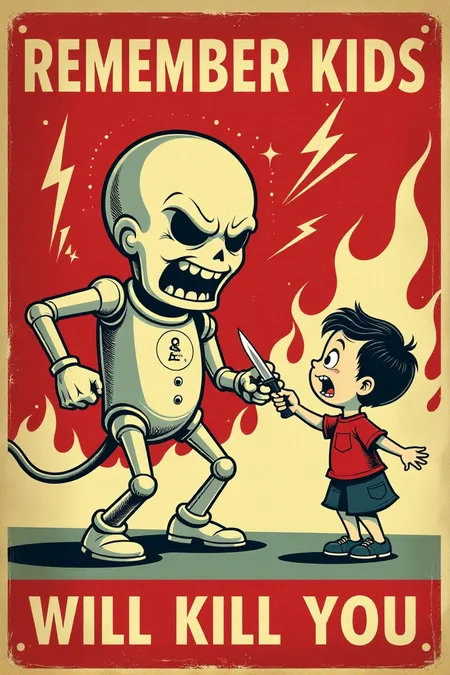 Generate an image in the style of a vintage 1950s public service announcement or propaganda poster. The image should be a warning sign with a dark humor theme. Depict a menacing, personified electricity bolt character holding a knife and pointed at a terrified cartoon child. Include the text "REMEMBER KIDS" and "ELECTRICITY WILL KILL YOU". Use a bold, vintage font, a red, white, and black color scheme, lightning bolt symbols and a grainy texture. Keywords: vintage cartoon, propaganda poster, 1950s, public service announcement, warning, electricity, danger, funny, dark humor, retro <lora:REMEs_War_Poster_Style:0.9> In REME's War Poster Style,âââ