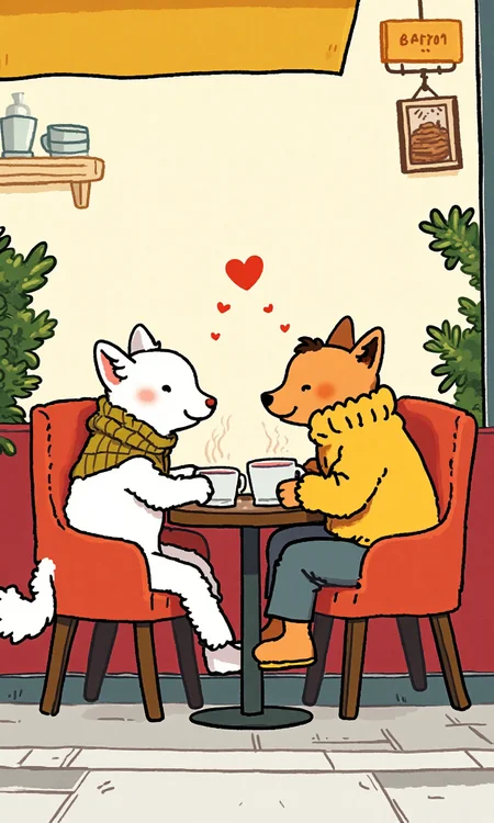 A cat and dog couple sitting in a cafe on a date <lora:flux-test\flux.1_lora_flyway_simple-illustration.safetensors:1.1:1.1>