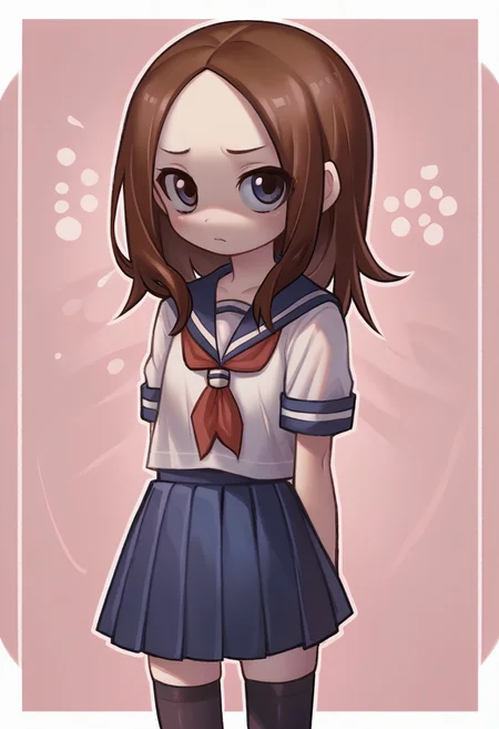 score_9, score_8_up, score_7_up, source_anime, masterpiece,<lora:PonyXL_V6_v1v404_v3:1> , fully rendered, outline,
1girl, solo, <lora:Takagi_Pony:0.8>, Takagi-san, brown_eyes, brown_hair, long_hair, forehead, flat_chest
red_neckerchief, sailor_collar, white_shirt, blue_skirt, pleated_skirt, black_thighhighs,