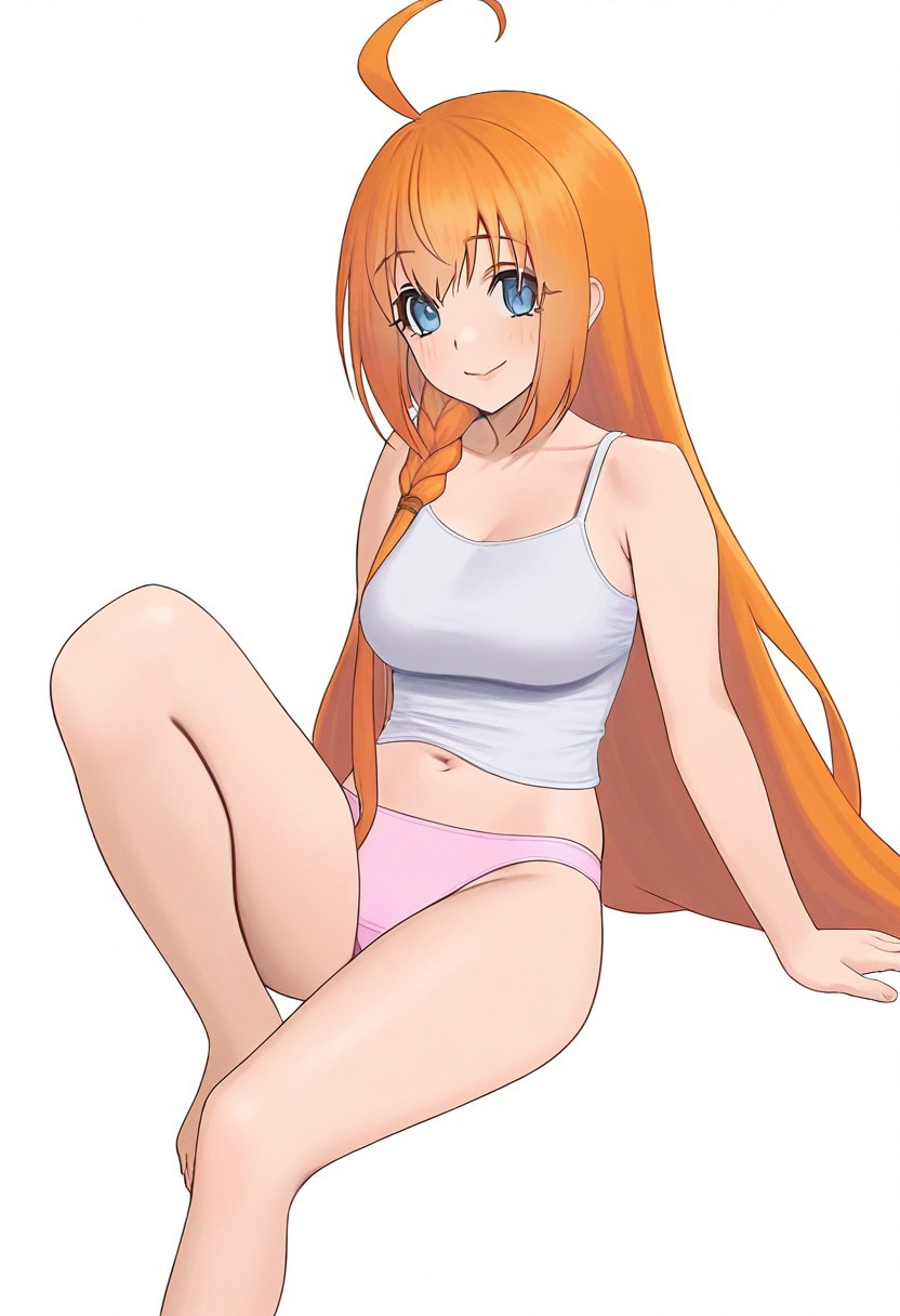 perfect quality, absolutely eye-catching, best quality, very aesthetic, absurdres,carlom,1girl, solo, long hair, breasts, looking at viewer, blush, smile, bangs, blue eyes, simple background, white background, navel, bare shoulders, medium breasts, sitting, very long hair, closed mouth, underwear, collarbone, panties, braid, ahoge, thighs, midriff, orange hair, bare arms, arm support, tank top, pink panties, side braid, camisole, knee up, pecorine (princess connect!)