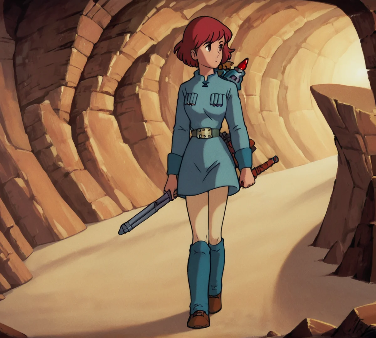Nausicaa, red hair, zPDXL, best quality, amazing quality, score 9, 1girl, cave, dark, full body, standing, <lora:Nausicaa_r2:0.8>