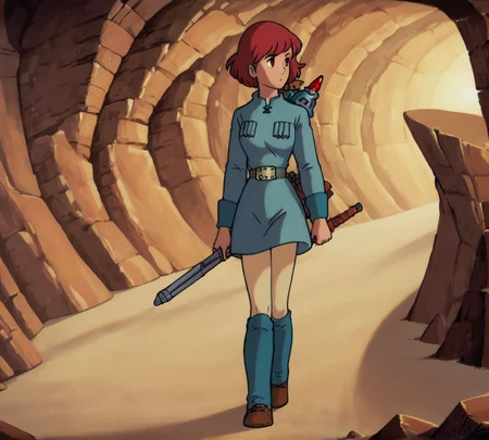Nausicaa, red hair, zPDXL, best quality, amazing quality, score 9, 1girl, cave, dark, full body, standing, <lora:Nausicaa_r2:0.8>
