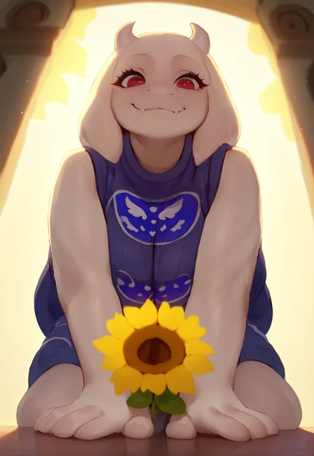 Vivid art style, outline, score_9, score_8_up, score_7_up, source_anime, hi res, masterpiece, extremely detailed, best quality, highres, Lico_PS, very beautiful, cute, toriel, focus on hand, backlighting:1.2, yellow flowers, (white fur), ((fluffy face:0.8)), serene, (((close up:1))), (perfect eyes:1), red eyes, smile, from below, leaning over, lifting arm, hands on knees, out of focus background,