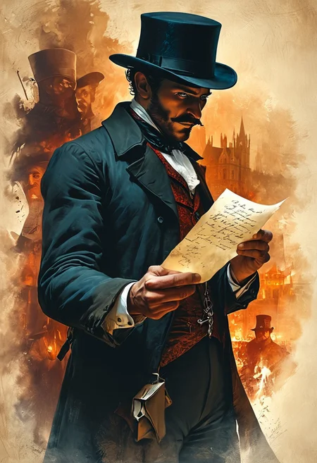 "Jack the Ripper holds a letter in one hand and his hat in the other. The high-resolution image (2K, 4K, 8K) is rich in detail, vibrant in colors.", <lora:MJ52:0.6>, <lora:EpicF4nta5yXL:0.8>, <lora:add-detail-xl:1>, <lora:zavy-cntrst-sdxl:1>