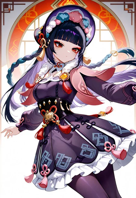 1girl. solo, GSYunJin, long hair, breasts, black hair, hair ornament, red eyes, medium breasts, blue hair, braid, purple hair, multicolored hair, blunt bangs, twin braids, makeup, tassel, eyeshadow, hime cut, red eyeshadow,
long sleeves, dress, hat, pantyhose, frills, puffy sleeves, black dress, black pantyhose, fur trim, black headwear, capelet, frilled dress, multicolored clothes, puffy long sleeves, purple dress, pom pom (clothes), corset, fur collar, vision (genshin impact), purple headwear, bonnet, flower knot, purple pantyhose, black corset, pink capelet, multicolored headwear,
dynamic pose,