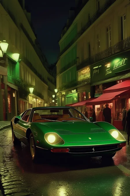 <lora:Roger Deakins Style:1>Roger Deakins Style - A cinematic still a green 1980s Ferrari 365 BBi in Montmartre street, nightime people, chic, high fashion bars nightlife shot on Leica s3