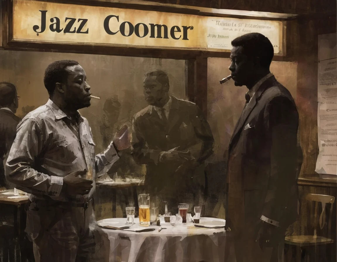<lora:crmu:0.6>crmu, man standing next to man sitting at table with silhouette of man in background and text that says "coomer", jazz club,
