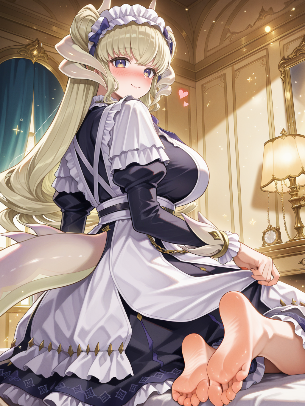 dragonmaid latys,1girl,solo,smile,looking at viewer,heart,sparkle,blush,upper body,white apron,large breasts,blue maid dress,blue bow hairband,dragon girl,sparkle,dressing room,nose blush,barefoot,from behind,foot focus,sitting,chain,maid,
masterpiece,best quality,amazing quality,very aesthetic,absurdres,newest,<lora:Dragonmaid latys illuXL v1:0.77>,