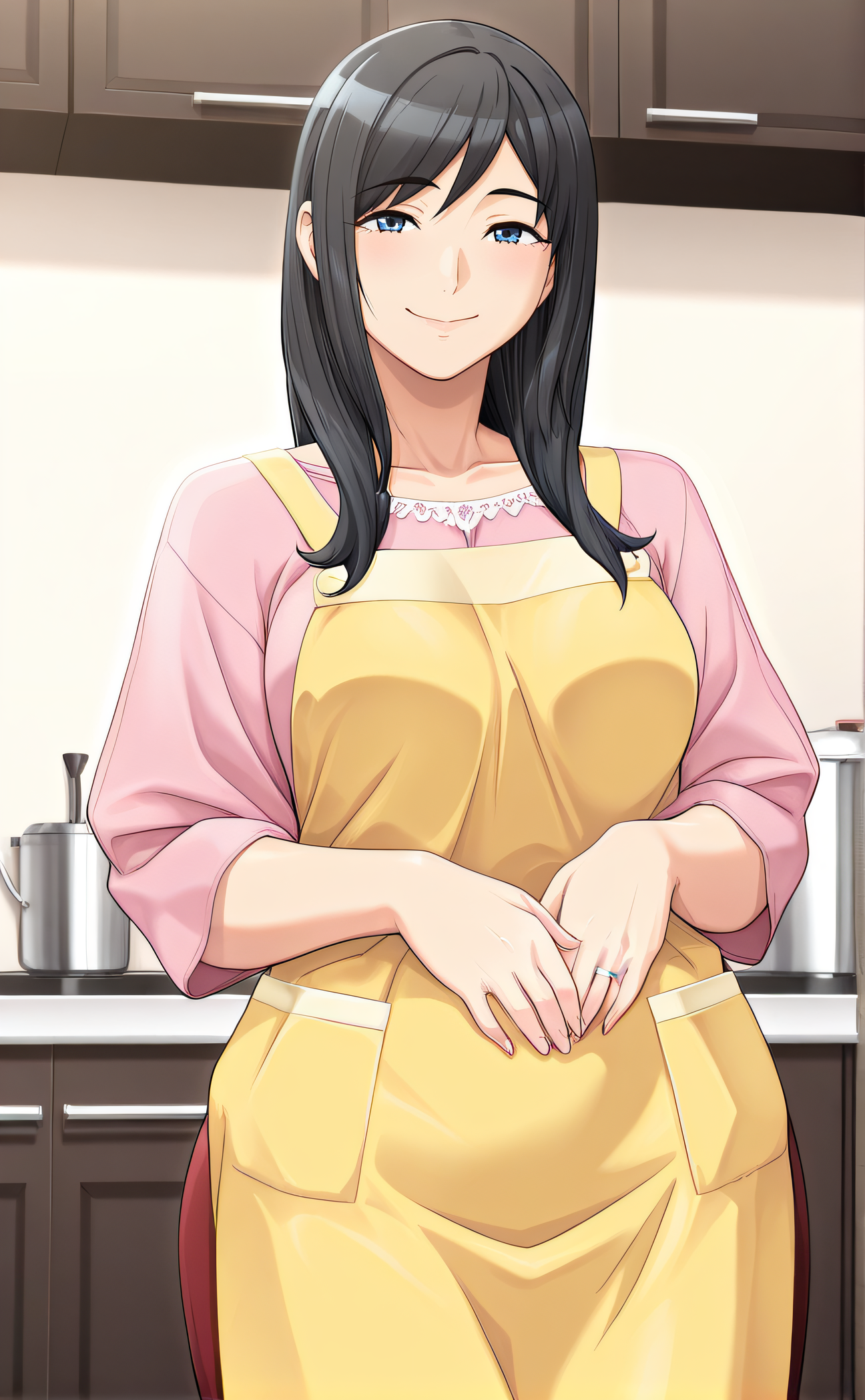 masterpiece, best quality, highres, newest, 1girl, solo, official style, <lora:IL_Nanami_Honda:1>, nanamihonda, mature woman, black hair, blue eyes, medium breasts, pink shirt, yellow apron, red skirt, wedding ring, looking at viewer, smile, indoor, cowboy shot