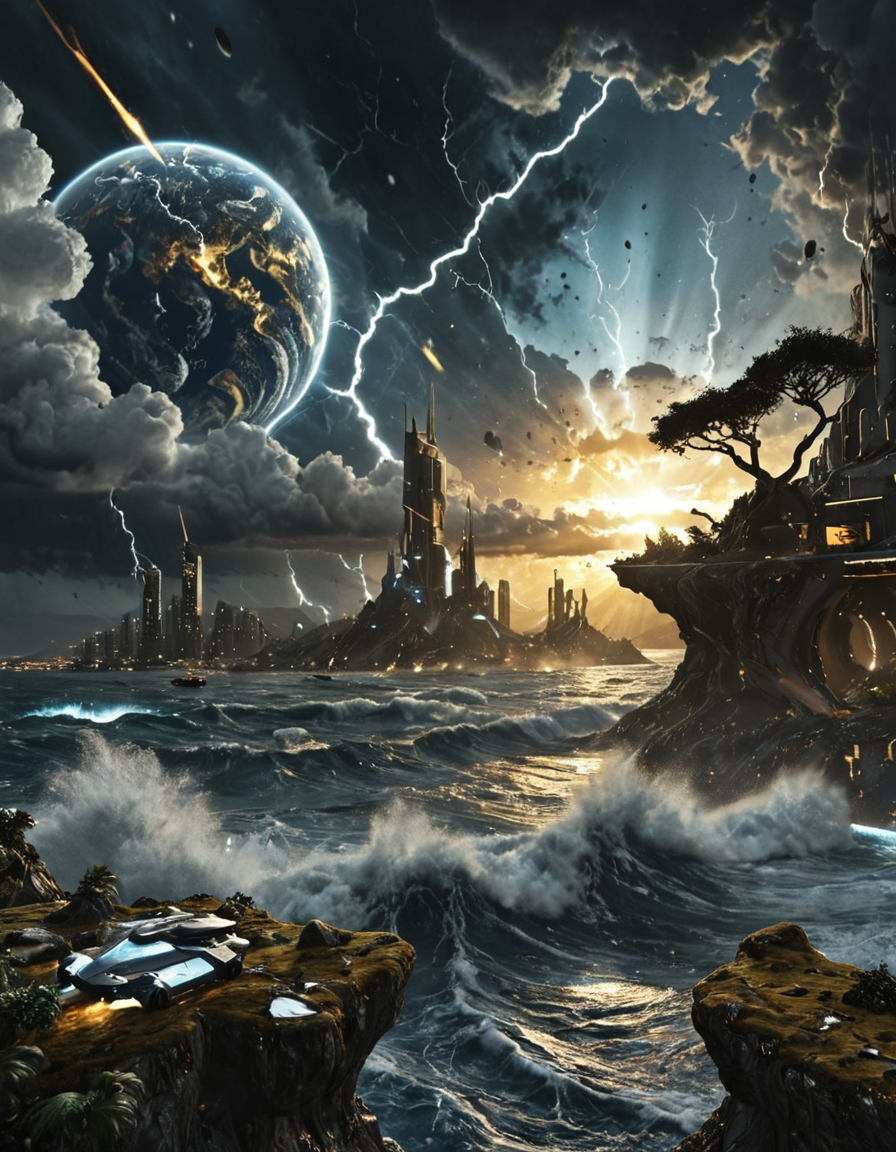 <lora:SW01v1-5xl:1> EFFD02, imagination, epic world, halos of light in the darkness of space, sunset, SE12, rich detailed sky, clouds, T10, landscape, mountains, high waves, rocks, tree, vegetation, moss, rough sea, blue, T1, white, dark blue, fantasy, blue, gold, T3, marble, T7, bokeh, T4, spacecraft, cyberpunk city, storm, lightnings, wind,