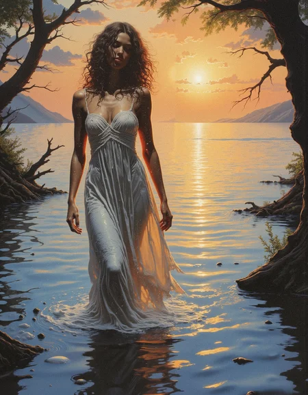 A d powerful fantasy painting of A woman in a dress. She is wading in water. Her dress is melting into the water.There are trees to the side.There is a sunset in the background.