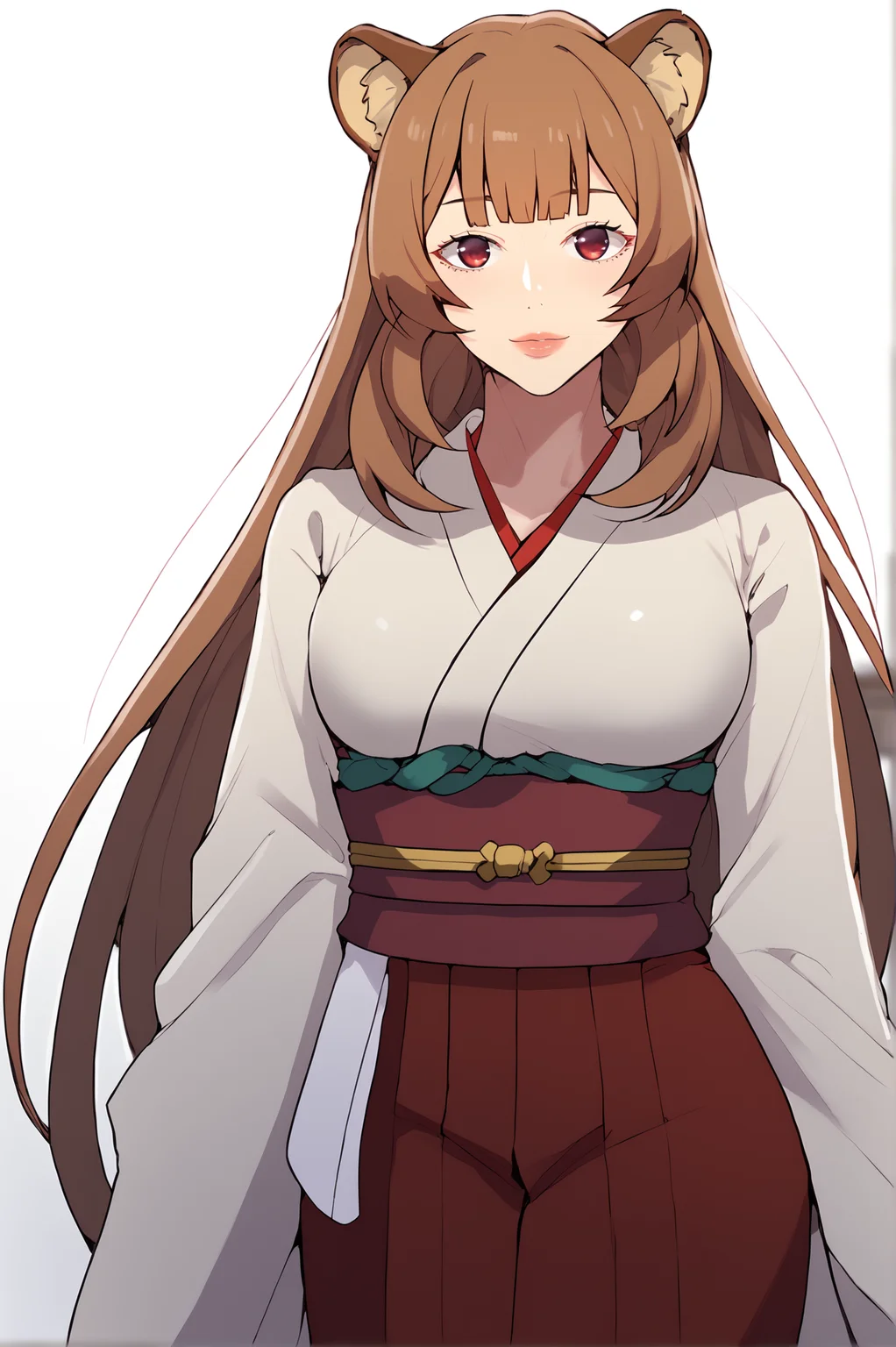 <lora:XL_STYLE_SC:1> scdef, raphtalia, brown hair, red eyes, long hair, animal ears,
simple background, white background, 1girl, japanese clothes, solo, looking at viewer, kimono, breasts, white kimono, long sleeves, red hakama, wide sleeves, red sash, score_9,score_8_up,score_7_up, detailed face, source_anime