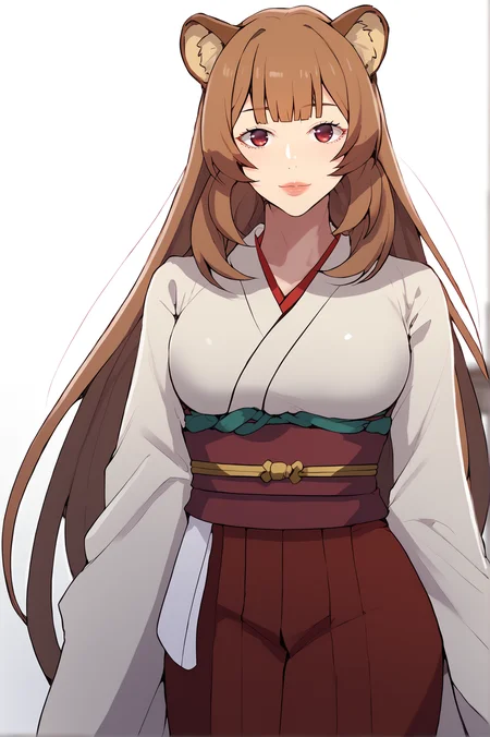 <lora:XL_STYLE_SC:1> scdef, raphtalia, brown hair, red eyes, long hair, animal ears,
simple background, white background, 1girl, japanese clothes, solo, looking at viewer, kimono, breasts, white kimono, long sleeves, red hakama, wide sleeves, red sash, score_9,score_8_up,score_7_up, detailed face, source_anime
